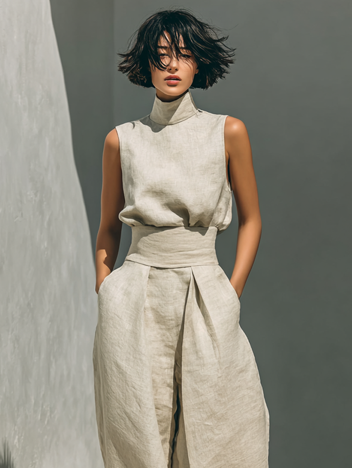 High-Neck Cotton Linen Set