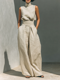 High-Neck Cotton Linen Set