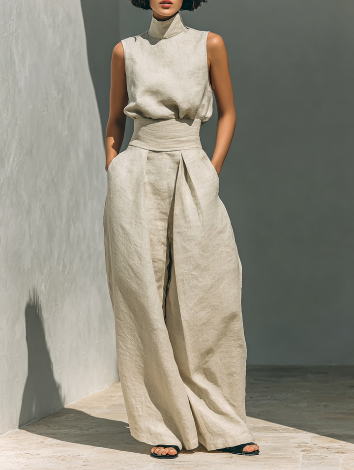 High-Neck Cotton Linen Set