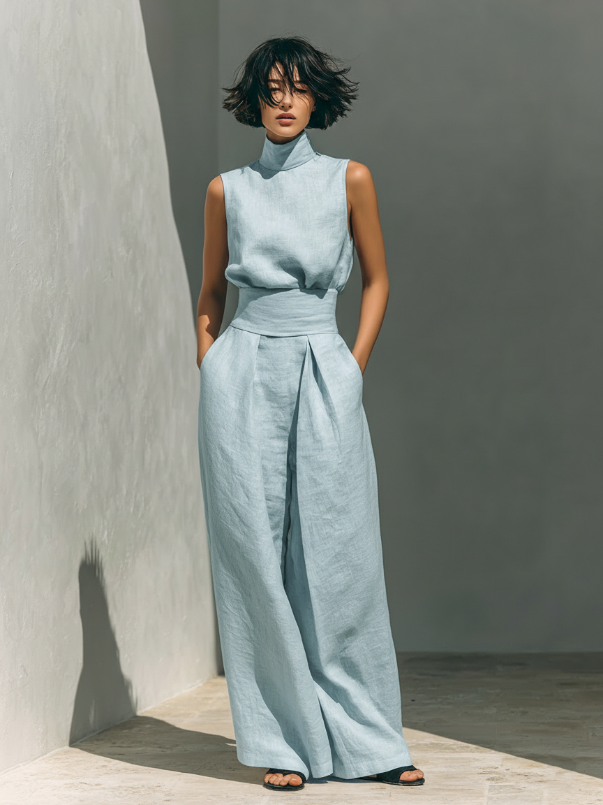 High-Neck Cotton Linen Set