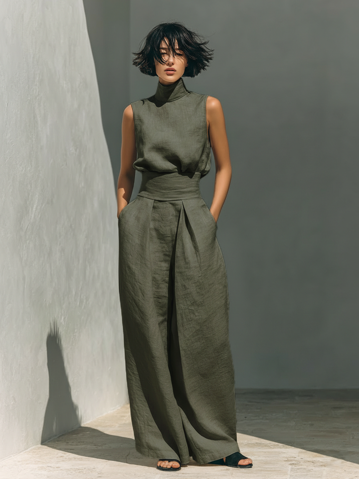 High-Neck Cotton Linen Set