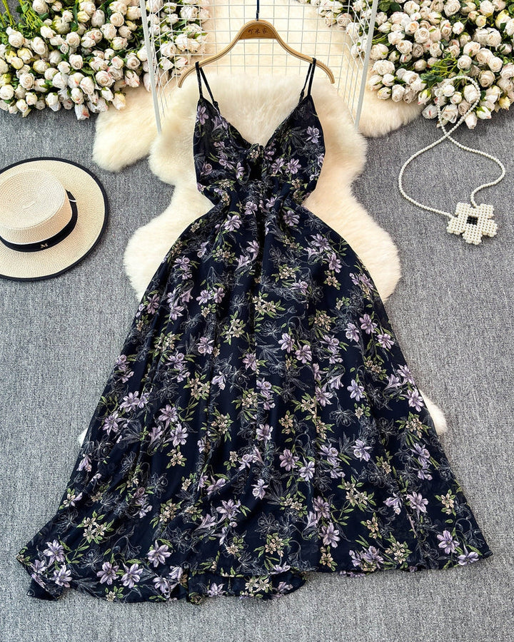 Boho Floral Print Spaghetti Strap A-Line Dress – Summer Beach Vacation Cami Dress