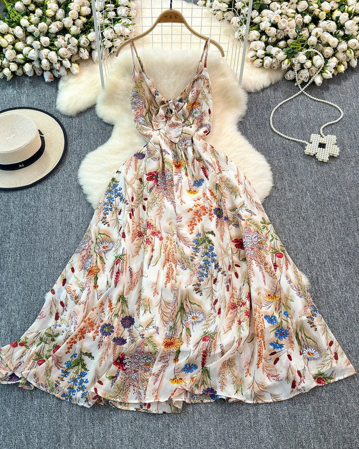 Boho Floral Print Spaghetti Strap A-Line Dress – Summer Beach Vacation Cami Dress