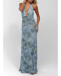 Womens Halter Backless Floral Dot Maxi Dress