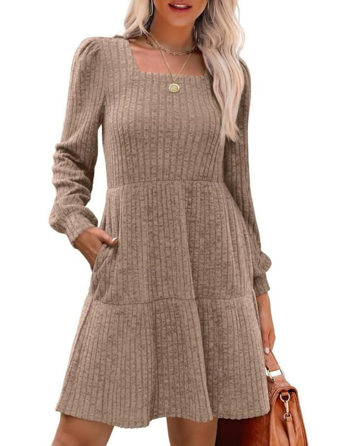 Womens Square Neck Long Sleeve Fall Dresses Casual Babydoll Sweater Dress