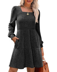 Womens Square Neck Long Sleeve Fall Dresses Casual Babydoll Sweater Dress