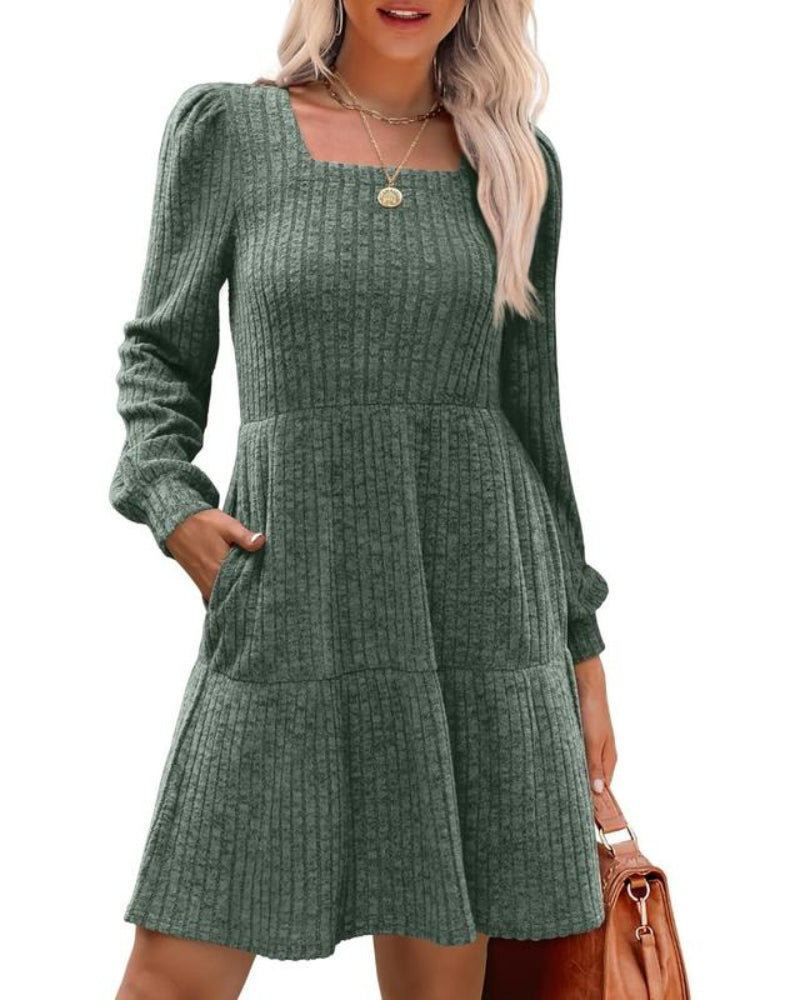 Womens Square Neck Long Sleeve Fall Dresses Casual Babydoll Sweater Dress