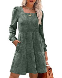 Womens Square Neck Long Sleeve Fall Dresses Casual Babydoll Sweater Dress