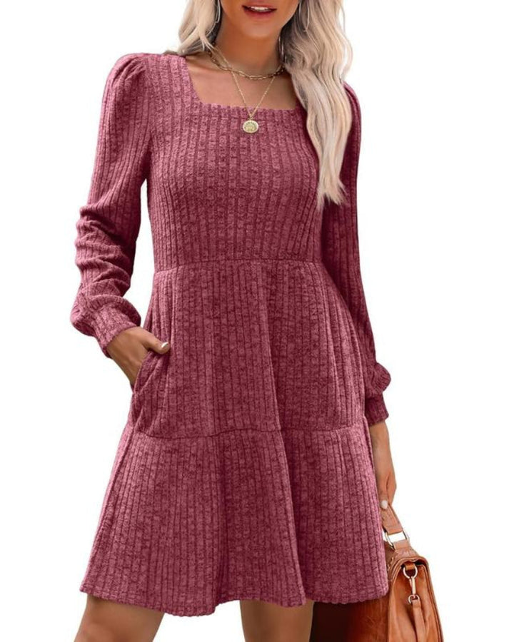 Womens Square Neck Long Sleeve Fall Dresses Casual Babydoll Sweater Dress