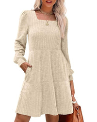 Womens Square Neck Long Sleeve Fall Dresses Casual Babydoll Sweater Dress