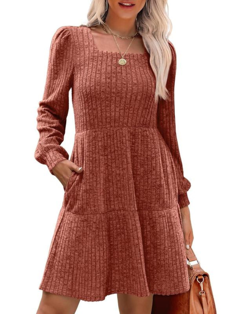 Womens Square Neck Long Sleeve Fall Dresses Casual Babydoll Sweater Dress