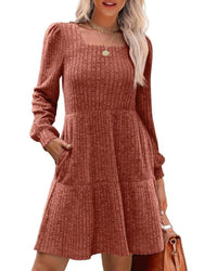Womens Square Neck Long Sleeve Fall Dresses Casual Babydoll Sweater Dress