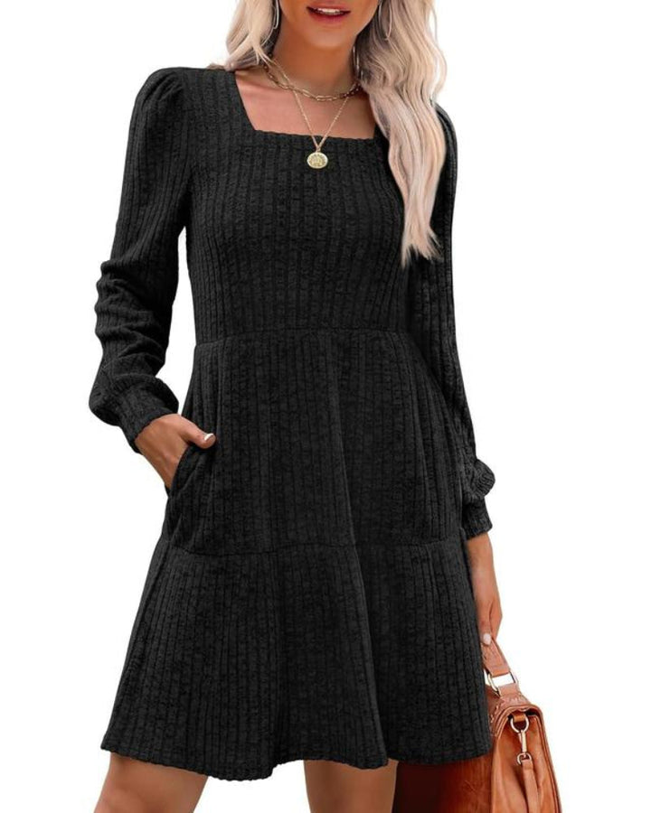 Womens Square Neck Long Sleeve Fall Dresses Casual Babydoll Sweater Dress