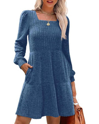 Womens Square Neck Long Sleeve Fall Dresses Casual Babydoll Sweater Dress