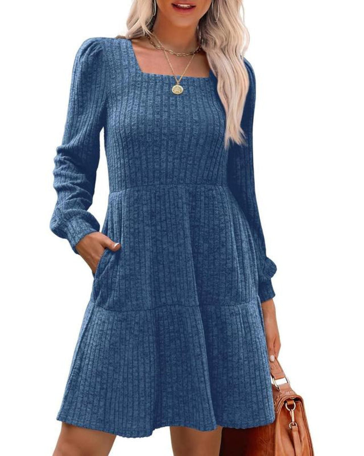 Womens Square Neck Long Sleeve Fall Dresses Casual Babydoll Sweater Dress