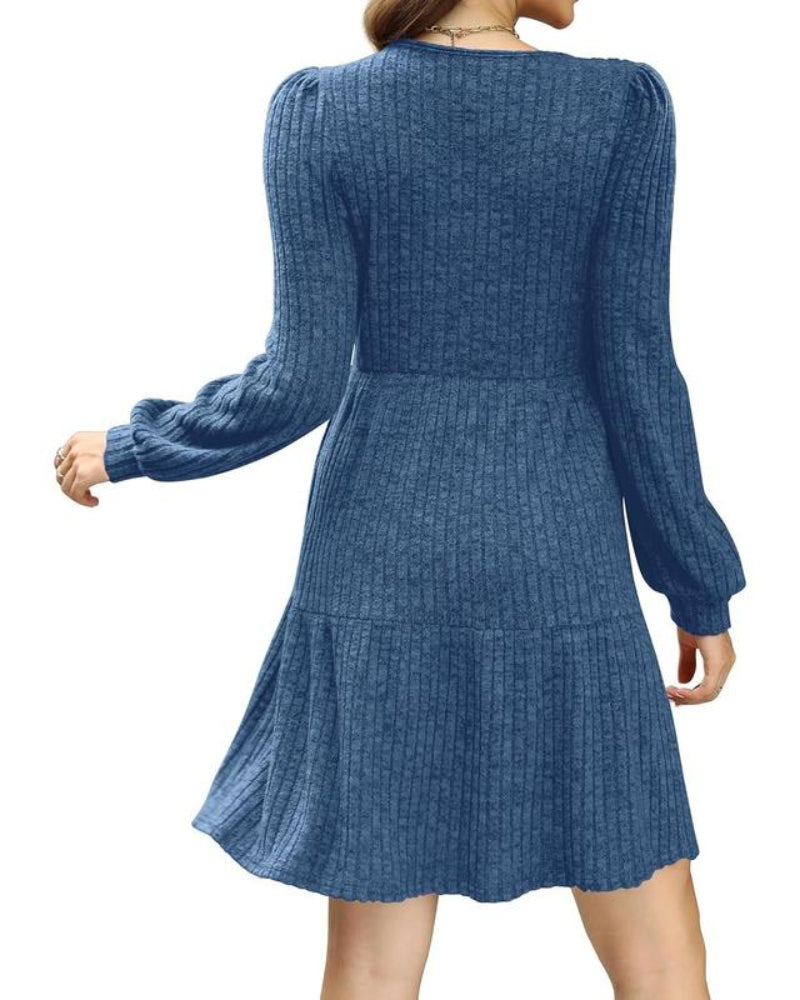 Womens Square Neck Long Sleeve Fall Dresses Casual Babydoll Sweater Dress