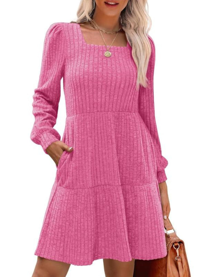 Womens Square Neck Long Sleeve Fall Dresses Casual Babydoll Sweater Dress