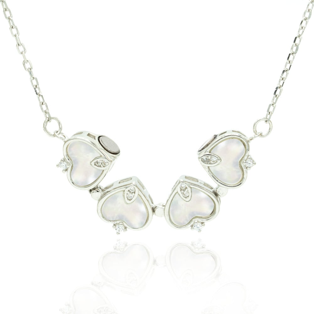 Sterling Silver Magnetic Shell Folding Four Leaf Clover Necklace